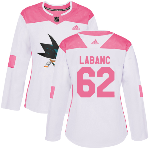 Adidas Sharks #62 Kevin Labanc White/Pink Authentic Fashion Women's Stitched NHL Jersey